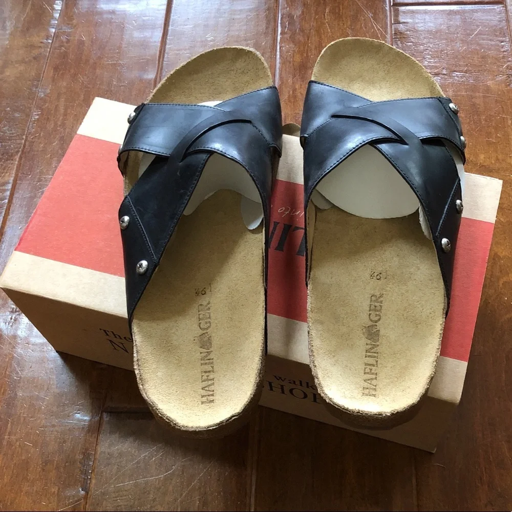 BRAND NEW IN BOX Mens HAFLINGER Rick 46 12 Black Leather Sandals Slides Shoes